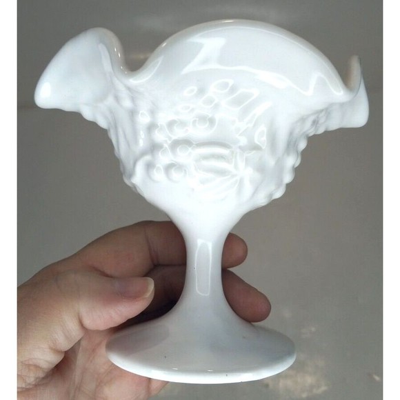 Indiana Milk Glass Ruffled Grape and Leaves Small Compote Sundae Dish 4.5 Tall - Picture 4 of 7
